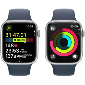 Apple Watch Series 9 | GPS + Cellular 45mm Silver Case & Storm Blue Sport Band | Silver Strap