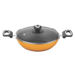 ‎Preethi Dura Collection Non Stick Kadai with Glass Lid | 24 cm | Turmeric Yellow