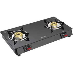 Sunblaze Onyx 2 Burner Gas Stove | Toughened Black Glass Forged Brass Burner Stainless Steel Manual Gas Stove | 2 Burners