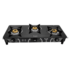 Preethi Zeal glass top 3 burner gas stove | Manual Ignition | Black | GTS124