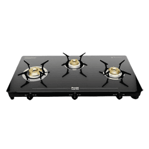Preethi Luxe Pro Glass Top Gas Stove | Driptray Less Infinity Design Jumbo Burner | 3 Burner | Black