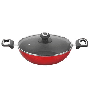 Preethi Dura Collection Non Stick Kadai | 26 cm | With Glass Lid  | Red