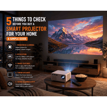 Smart projector for home displaying a large HD movie screen in a modern living room.